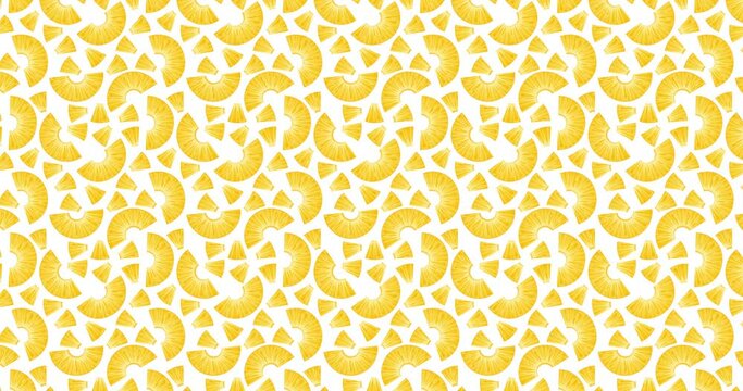 4K animated pattern of pineapple pieces moving from left to right. Juicy pineapple slices in a hand-drawn style creating a repeatable background. Horizontal video.