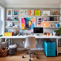Modern Home Office with Vibrant Artwork and Organized Shelves