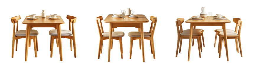 collection of wood style square dining tables and chairs isolated on transparent background