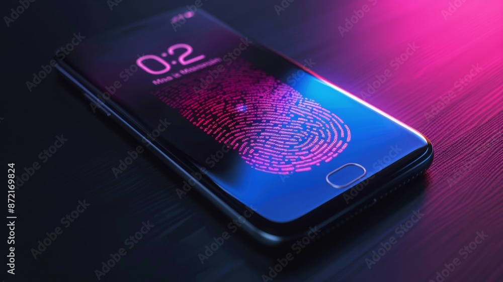 Poster a close-up shot of a smartphones screen displaying a fingerprint scanner graphic. the display is lit