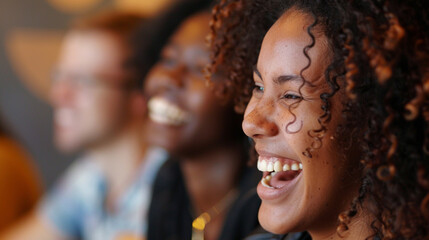 Fototapeta premium Close-up of a team laughing together during a meeting