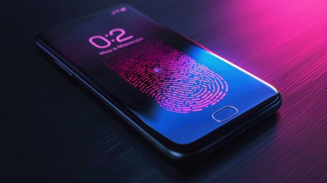 A close-up shot of a smartphones screen displaying a fingerprint scanner graphic. The display is lit with a vibrant pink and blue light.