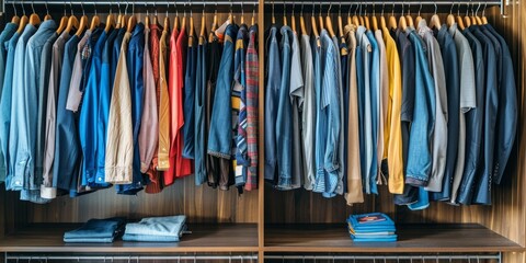 Organized Closet with Clothes Hanging on Hangers