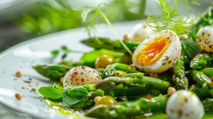 French cuisine. Green asparagus salad with quail eggs.