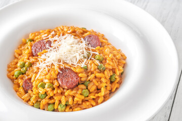 Portion of chorizo risotto