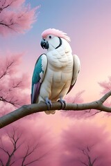 Fototapeta premium Whimsical Pink Cockatoo Perched on Cherry Blossom Branch at Dawn