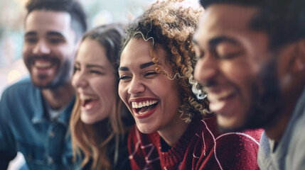 Obraz premium Close-up of a group of colleagues sharing a joke or funny story