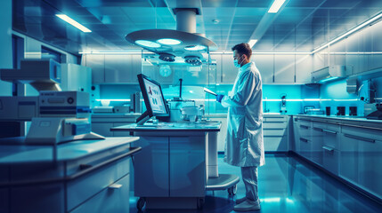 Scientist in protective gear analyzes data on computer screen in futuristic laboratory. Advanced medical equipment surrounds him in blue-lit, high-tech research facility.