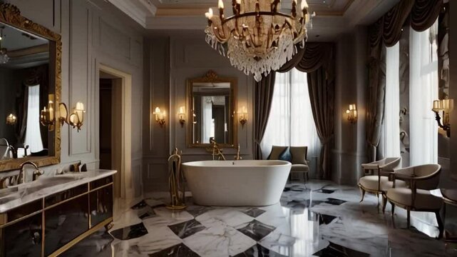 This photo showcases a lavishly appointed bathroom, exuding a sense of luxury and indulgence. At the heart of the room lies a classic, freestanding bathtub with golden fixtures, reflecting the room.