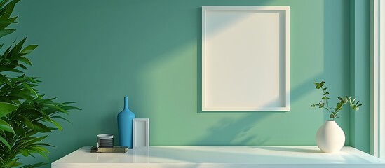 Clean and sleek office setup with a minimalist white desk, vibrant blue decor, and an empty white frame on a green wall in a  format.
