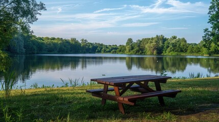 A picnic table by a serene lake.