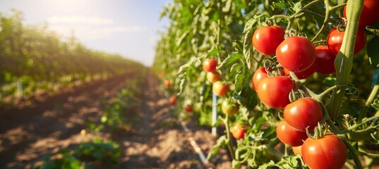 Lush Tomato Plantation with Ripe Red Tomatoes in Sunlit Field for Agricultural Design and Prints