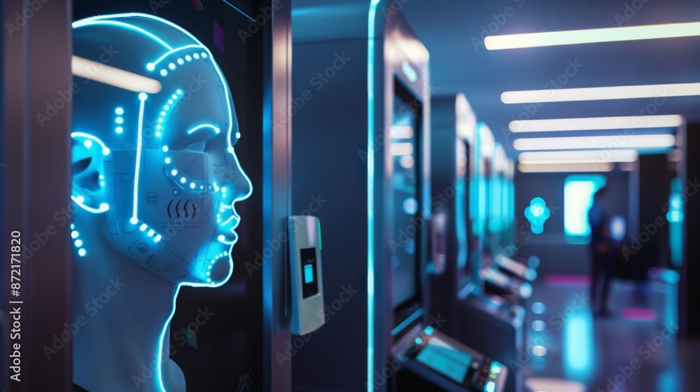 Aufkleber a futuristic, glowing blue face is displayed on a kiosk in a corridor with multiple other kiosks. th
