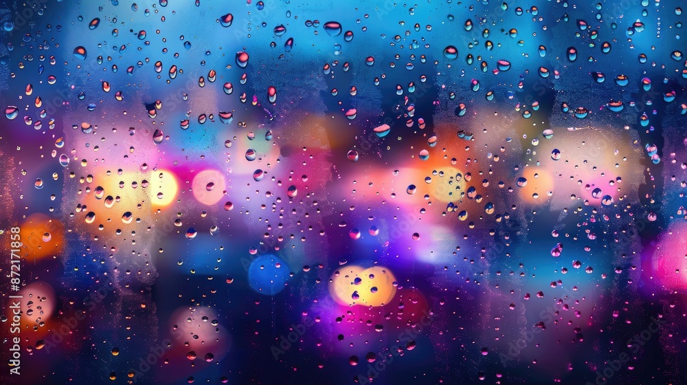 Poster abstract colorful background with rain drops running down window glass and bokeh city lights