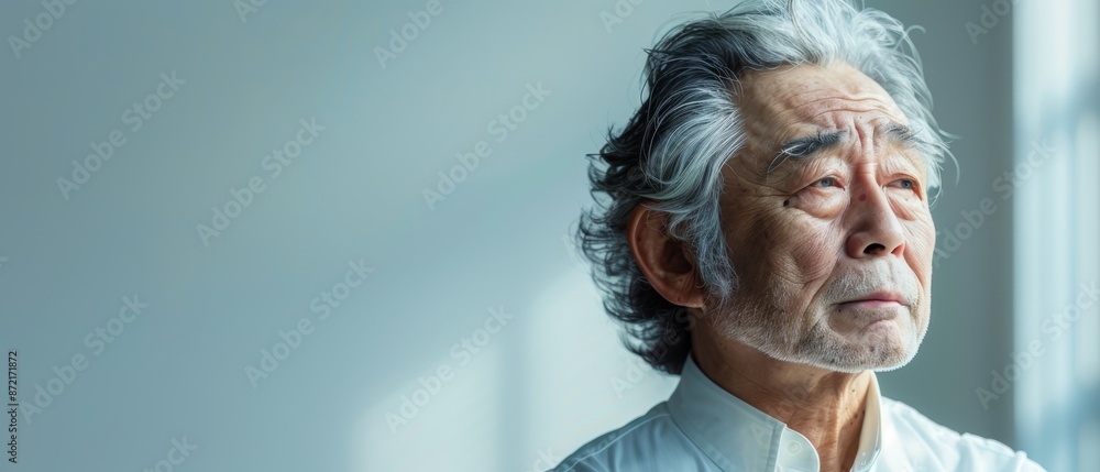 Canvas Prints  An older man, sporting grey hair and wearing a white shirt, gazes intently out of the window with a serious expression