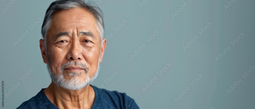 Canvas Prints  An older man with grey hair wears a blue shirt, giving a serious gaze into the camera