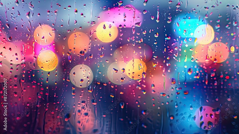 Poster abstract colorful background with rain drops running down window glass and bokeh city lights