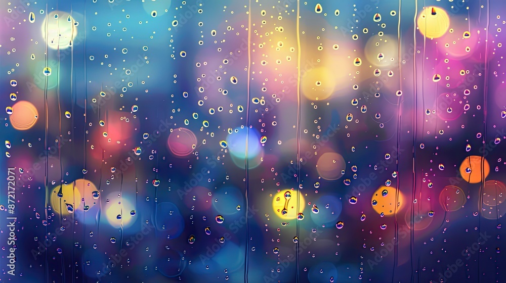 Poster abstract colorful background with rain drops running down window glass and bokeh city lights