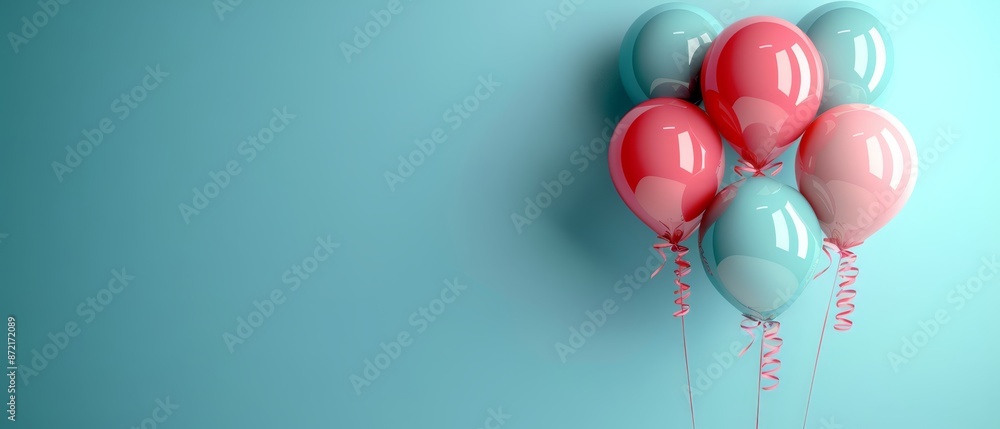 Canvas Prints  A collection of red and blue balloons hovers above a blue wall Nearby, a string connects pink and blue balloons