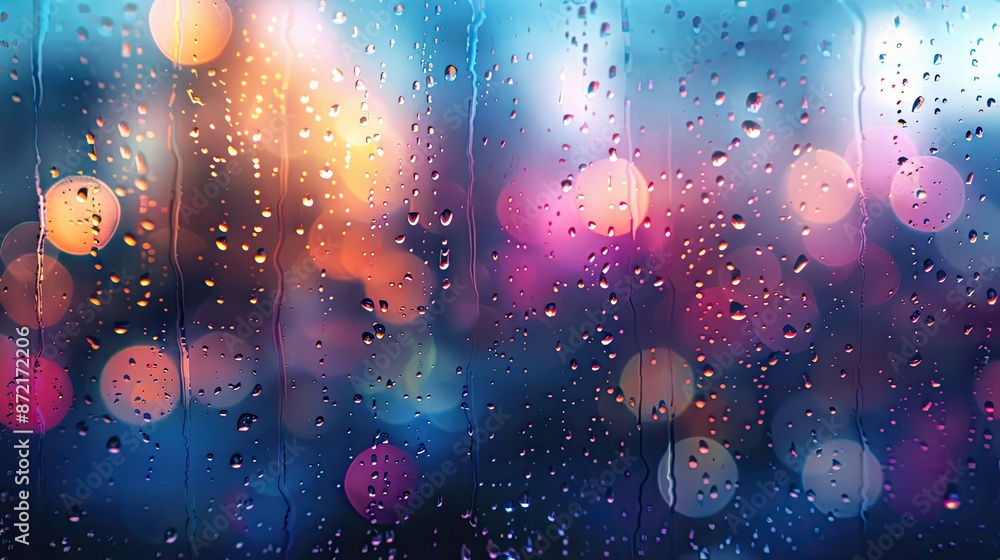 Poster abstract colorful background with rain drops running down window glass and bokeh city lights