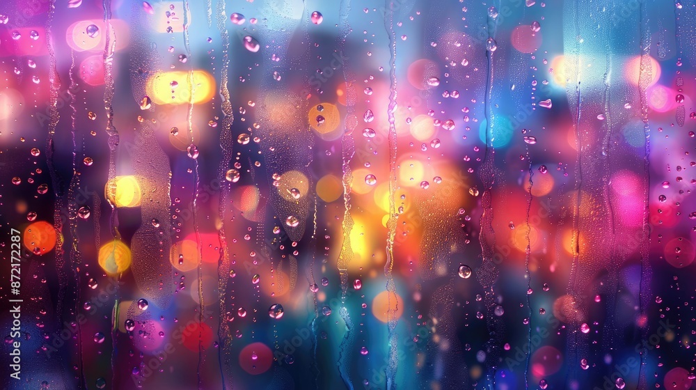 Poster abstract colorful background with rain drops running down window glass and bokeh city lights