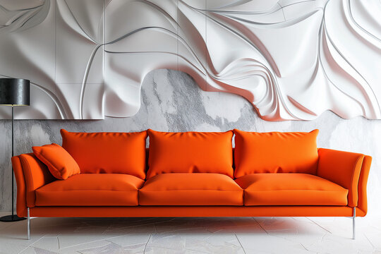 A contemporary living room setup featuring a striking orange sofa complemented by elegant wall art, creating a beautiful and abstract wallpaper and background