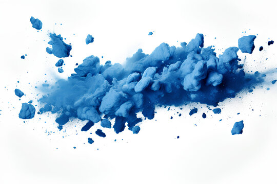Blue chalk pieces and flying dust, exploded effect isolated white background