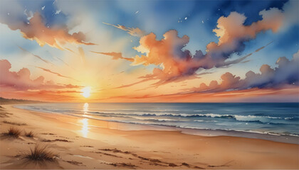 Watercolor Sunset on a Sandy Beach