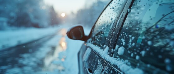  Car on roadside cloaked in snow, sun shines distant behind
