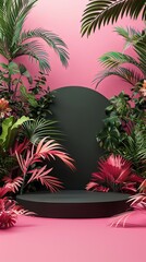 Naklejka premium Blank black display on vivid summer background with minimal style. Blank stand for showing product