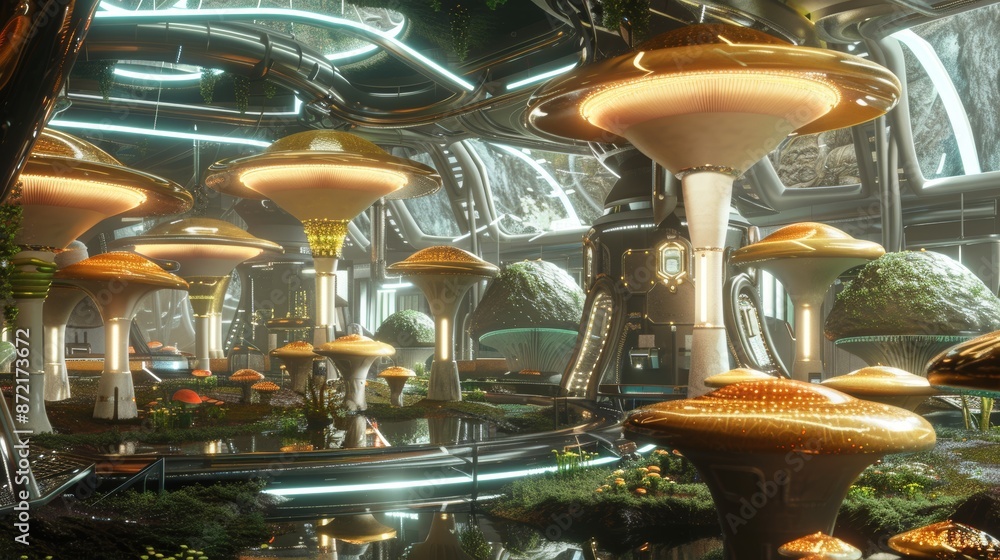 Poster futuristic automated mushroom farm with high-tech cultivation systems for enhanced efficiency