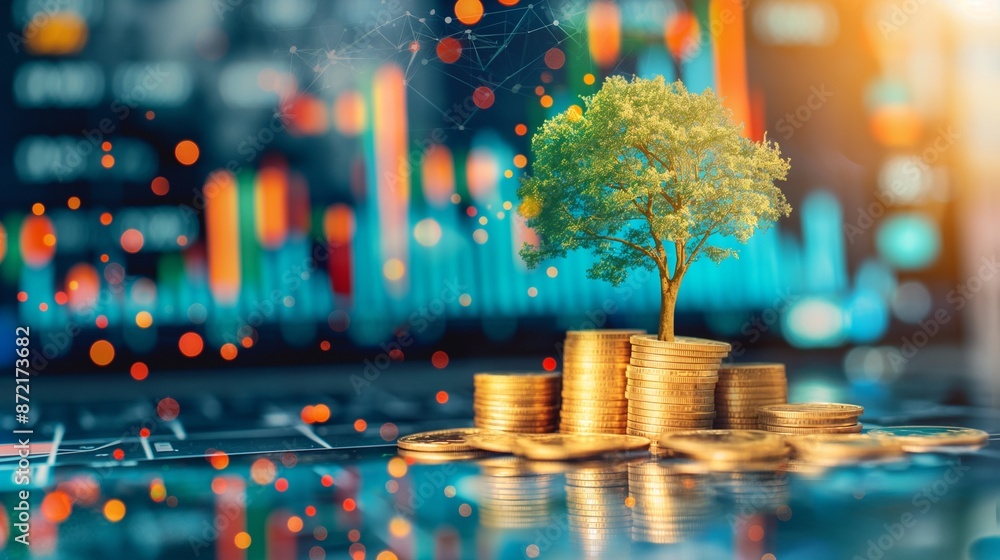 Aufkleber tree growing from stack of coins with financial charts background