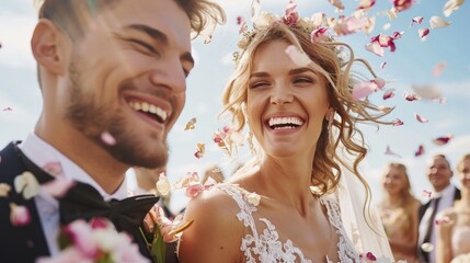 Happy bride and groom at wedding ceremony and people sprinkling flower petals