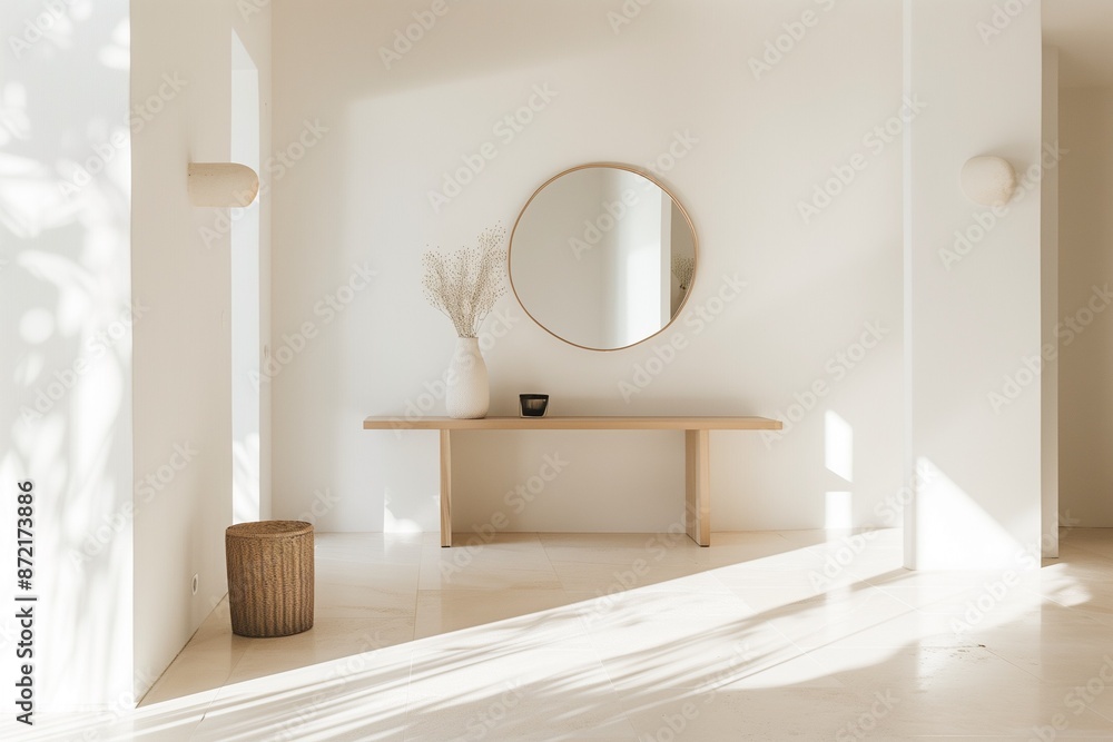 Poster Minimalist entryway with simple console table and round mirror