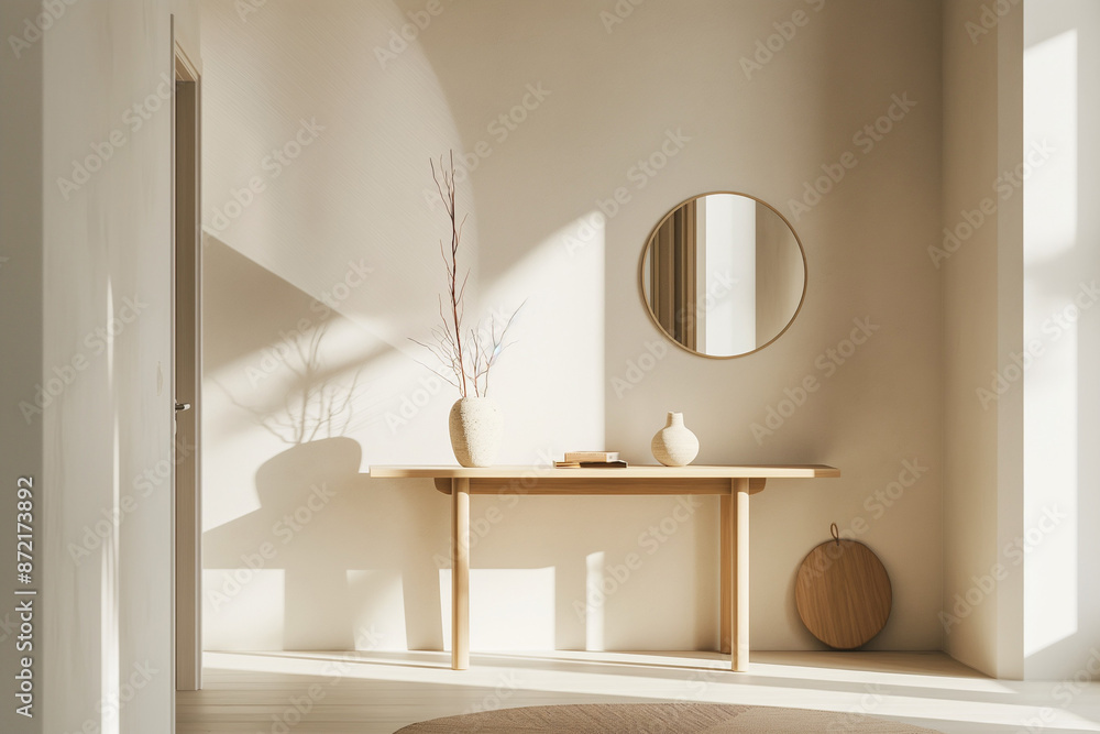Poster minimalist entryway with simple console table and round mirror