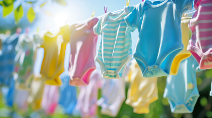 Obraz premium Colorful baby onesies hanging on clothesline in bright sunshine, capturing clean laundry and fresh air outdoors. 