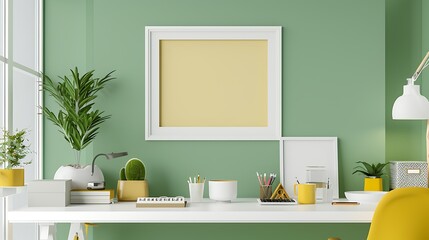 Clean and sleek office space with a white desk, bright yellow decor, and a blank white frame on a green wall in a wide layout.