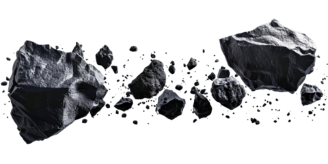 Floating or falling space rocks asteroids cut out, isolated, transparent background - PNG.  Space, and sci-fi concepts.