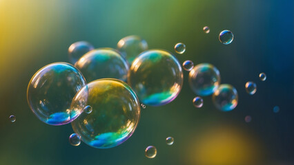 An image of many soap bubbles floating in the air against a background of blurry sunlight, the bubbles reflect and refract the light, creating unique patterns on their surface