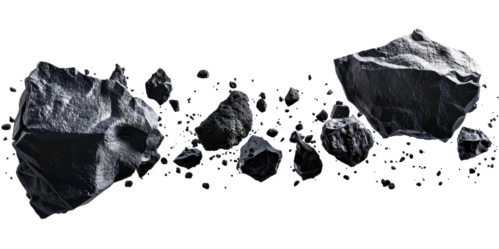 Floating or falling space rocks asteroids cut out, isolated, transparent background - PNG.  Space, and sci-fi concepts.