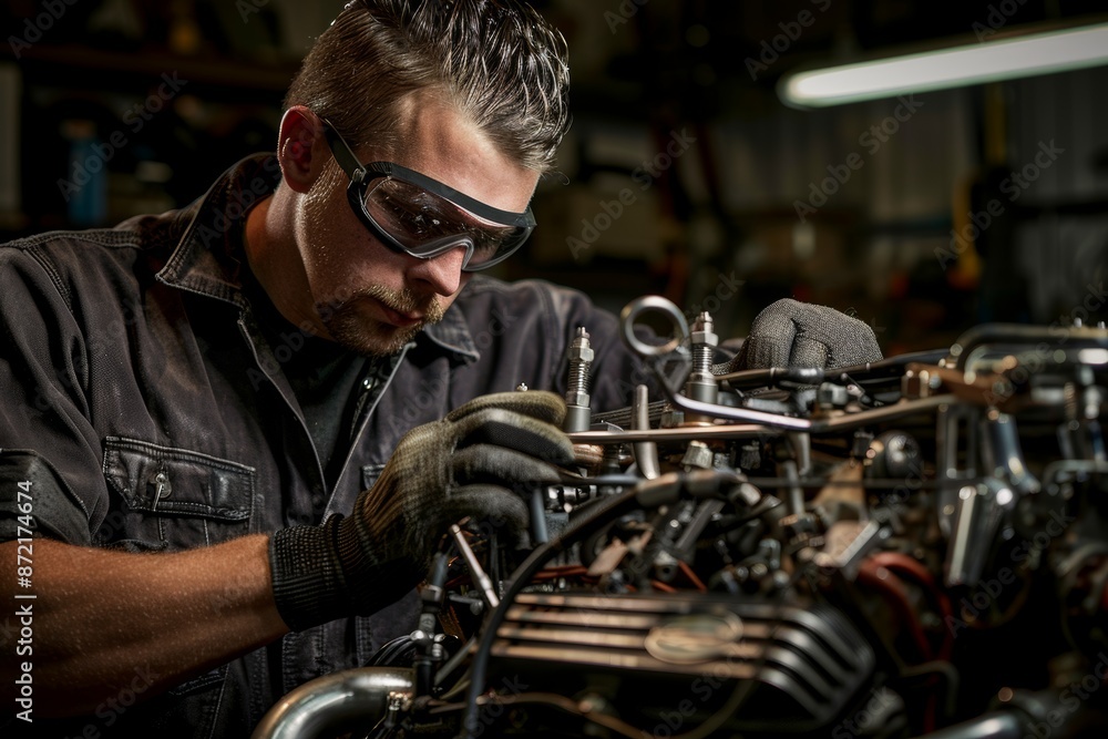 Poster mechanic precision: professional working on high-performance engine in workshop