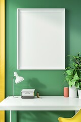 Clean and sleek office space with a white desk, bright yellow decor, and a blank white frame on a green wall.