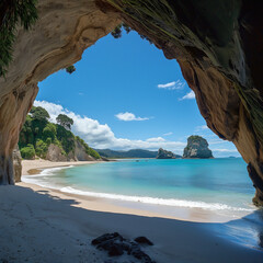 view from the cave at cathedral cove beach,a cave near the sea,natural beauty,sea view from the cave,an award winning photography