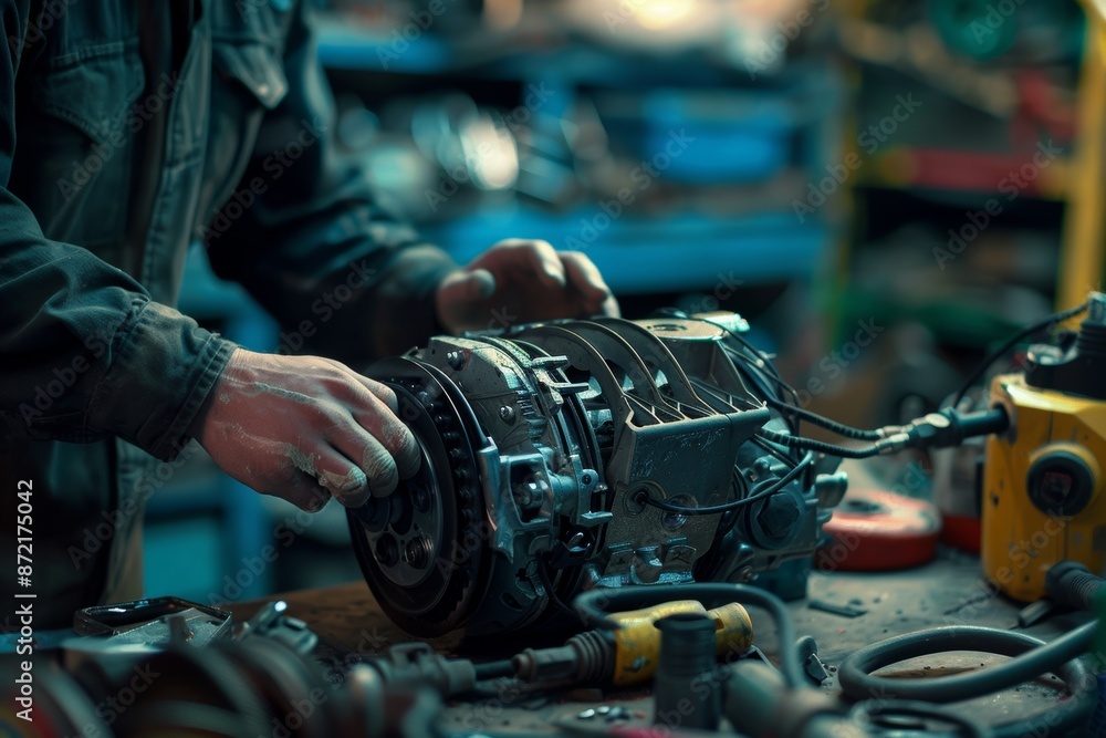 Aufkleber mechanic installing new alternator in car - process and tools depicted in detailed close-up