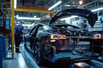 Hybrid Car Undergoing Comprehensive Service Check by Mechanics Using Advanced Diagnostic Tools