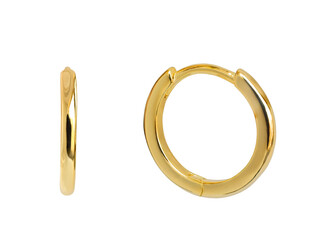 Pair of simple round gold hoop earrings front and side view isolated cutout on transparent