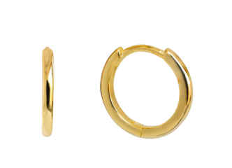 Pair of simple round gold hoop earrings front and side view isolated cutout on transparent