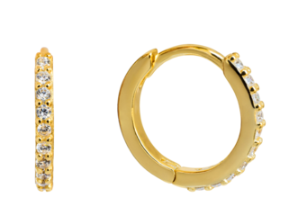 Pair of round gold hoop earrings with cubic zirconia or diamonds front and side view isolated cutout on transparent