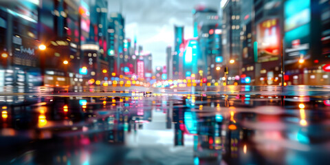 Fototapeta premium Out of focus view city street night, illuminated neon signs streetlights, reflecting wet surface cityscape buildings 