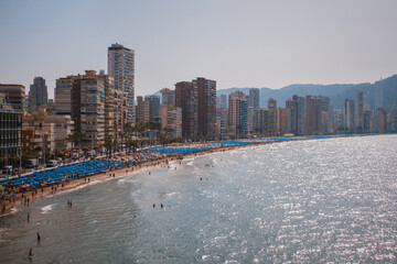 Sunny coast and skyline of Benidorm at the Costa Blanca of Spain during summer